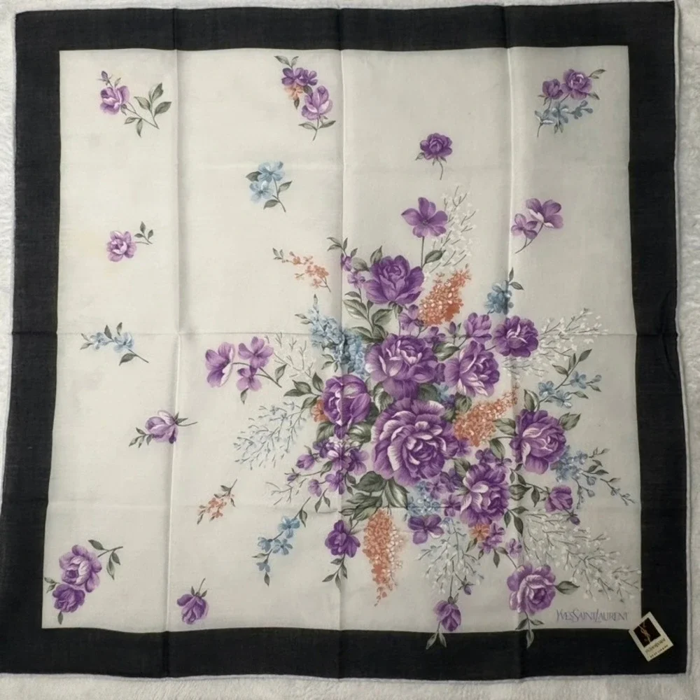 Vtg YVES SAINT LAURENT Scarf Handkerchief Floral Cotton Purple 18